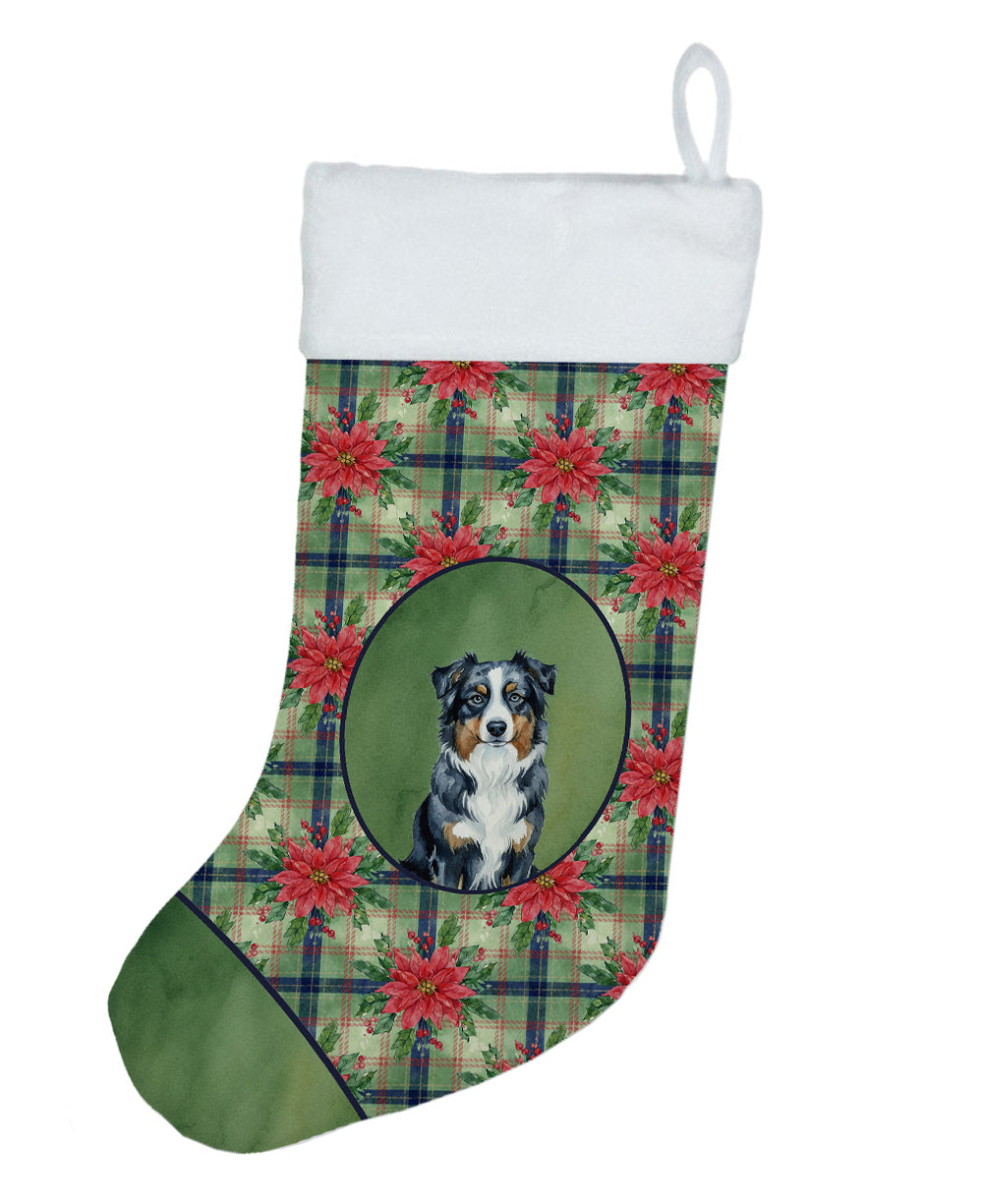 Black Australian Shepherd Christmas PoinsettIas Holiday Stocking Double-Sided Print, Polyester Suede,11x18, Made in USA