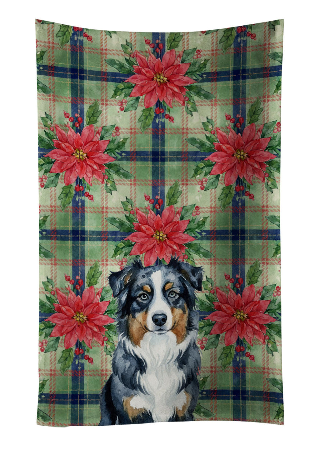 Black Australian Shepherd Christmas PoinsettIas Kitchen Towel Velour Plush Front and Cotton Loop Back Machine Washable