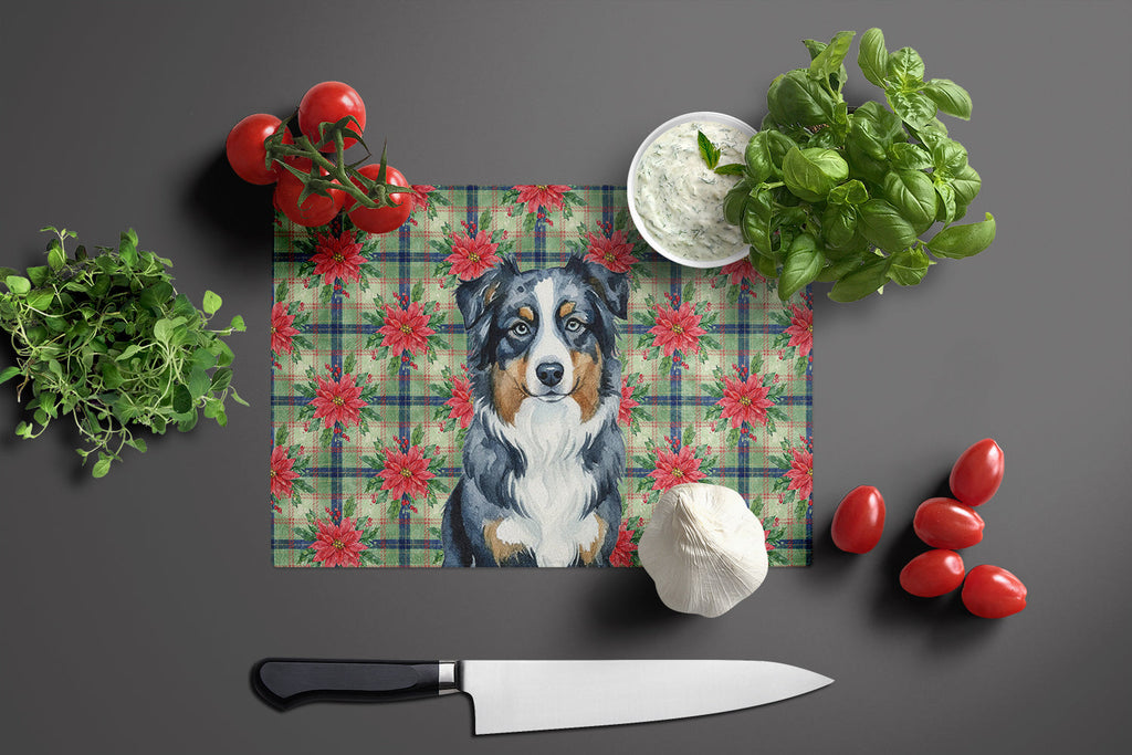 Black Australian Shepherd Christmas PoinsettIas Cutting Board Tempered Glass Kitchen Cutting Surface, Heat Resistant Chopping, Non-Slip Feet, Food Prep & Serving