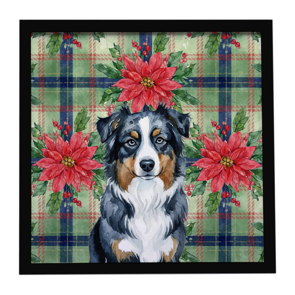 Black Australian Shepherd Christmas PoinsettIas Framed Metal Print Bathroom, Kitchen, Office, Home Decor Wall Art Ready to Hang, Square, 8X8