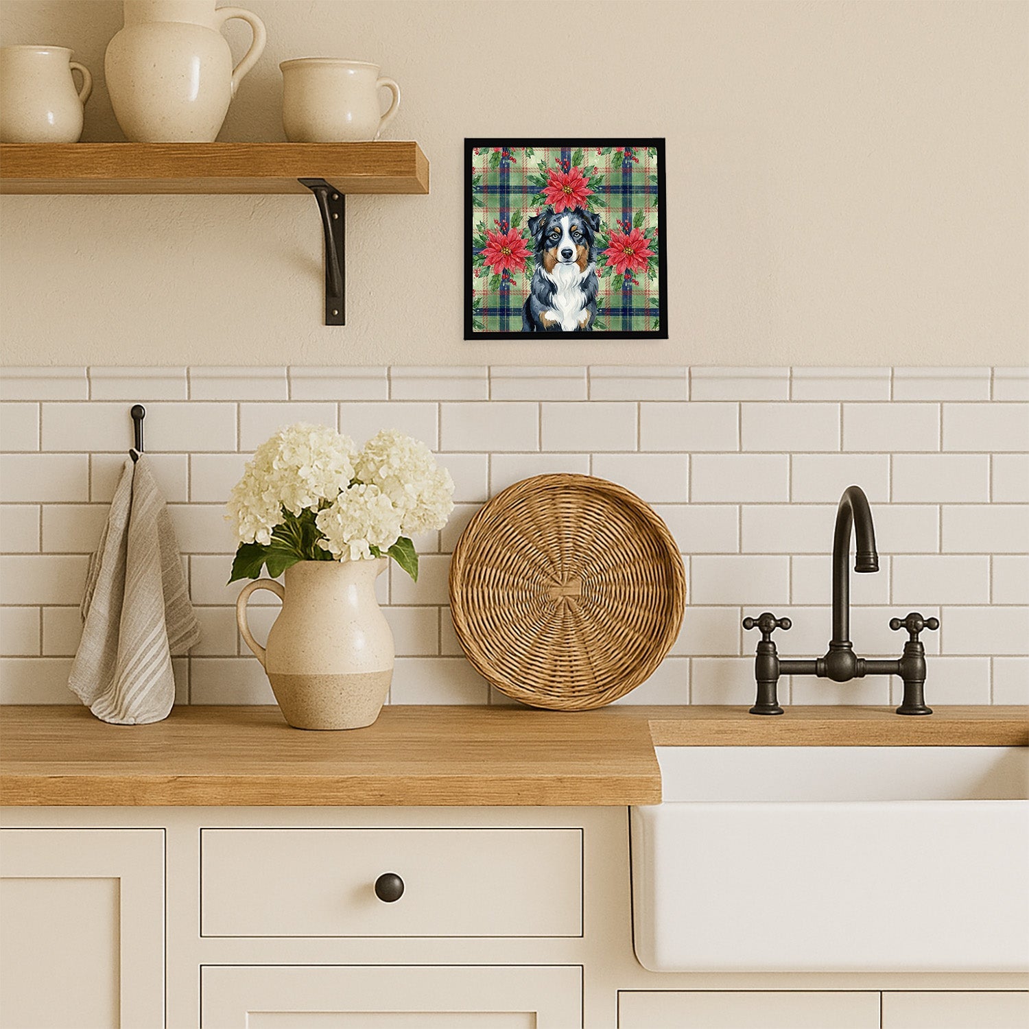 Black Australian Shepherd Christmas PoinsettIas Framed Metal Print Bathroom, Kitchen, Office, Home Decor Wall Art Ready to Hang, Square, 8X8