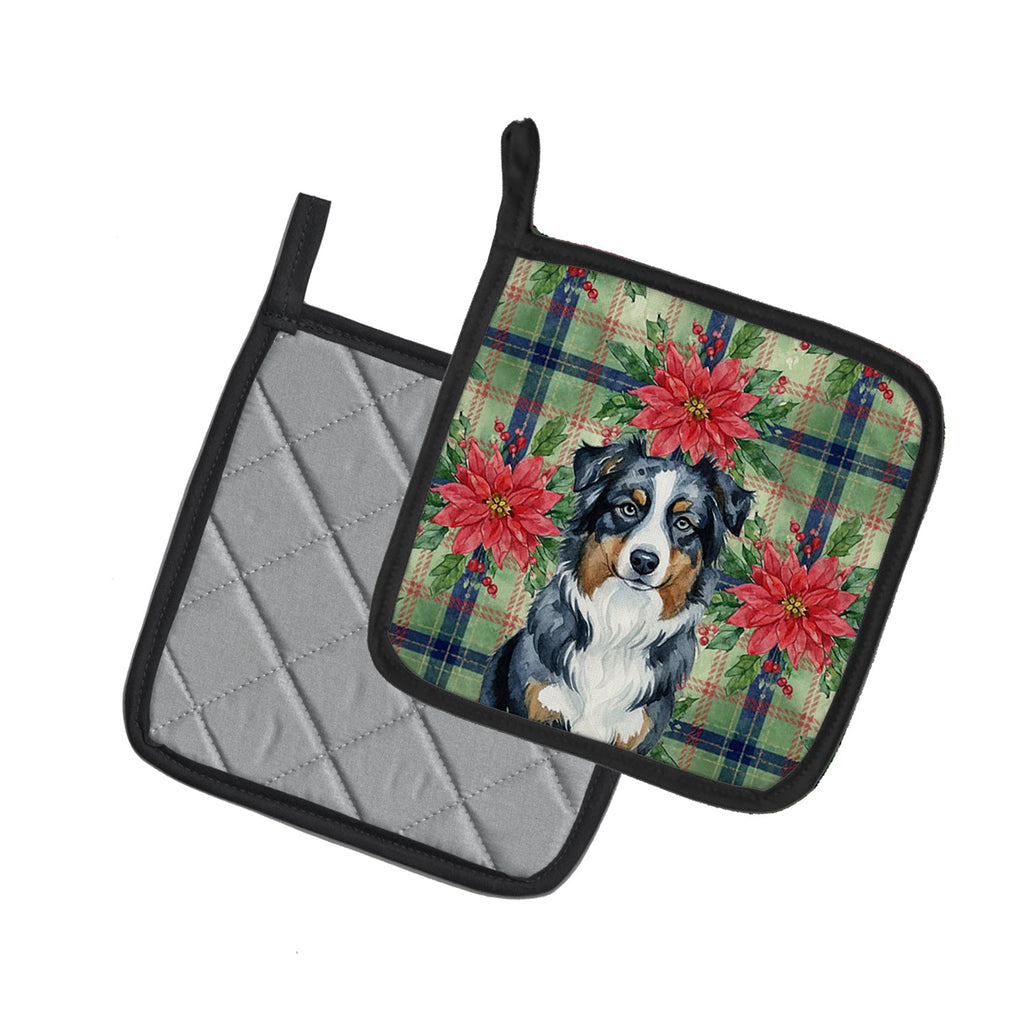 Black Australian Shepherd Christmas PoinsettIas Pot Holder Set of 2 Heat Resistant Quilted Hot Pads 7.5 x 7.5 Inch, Insulated Kitchen Trivets for Cooking & Baking