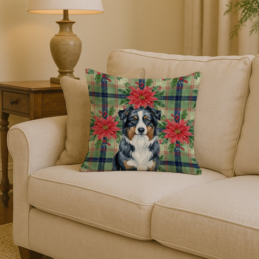 Black Australian Shepherd Christmas PoinsettIas Decorative Throw Pillow 14x14 Indoor Outdoor Accent Cushion, Fabric Cover with Insert for Sofa, Bed, Porch & Living Room