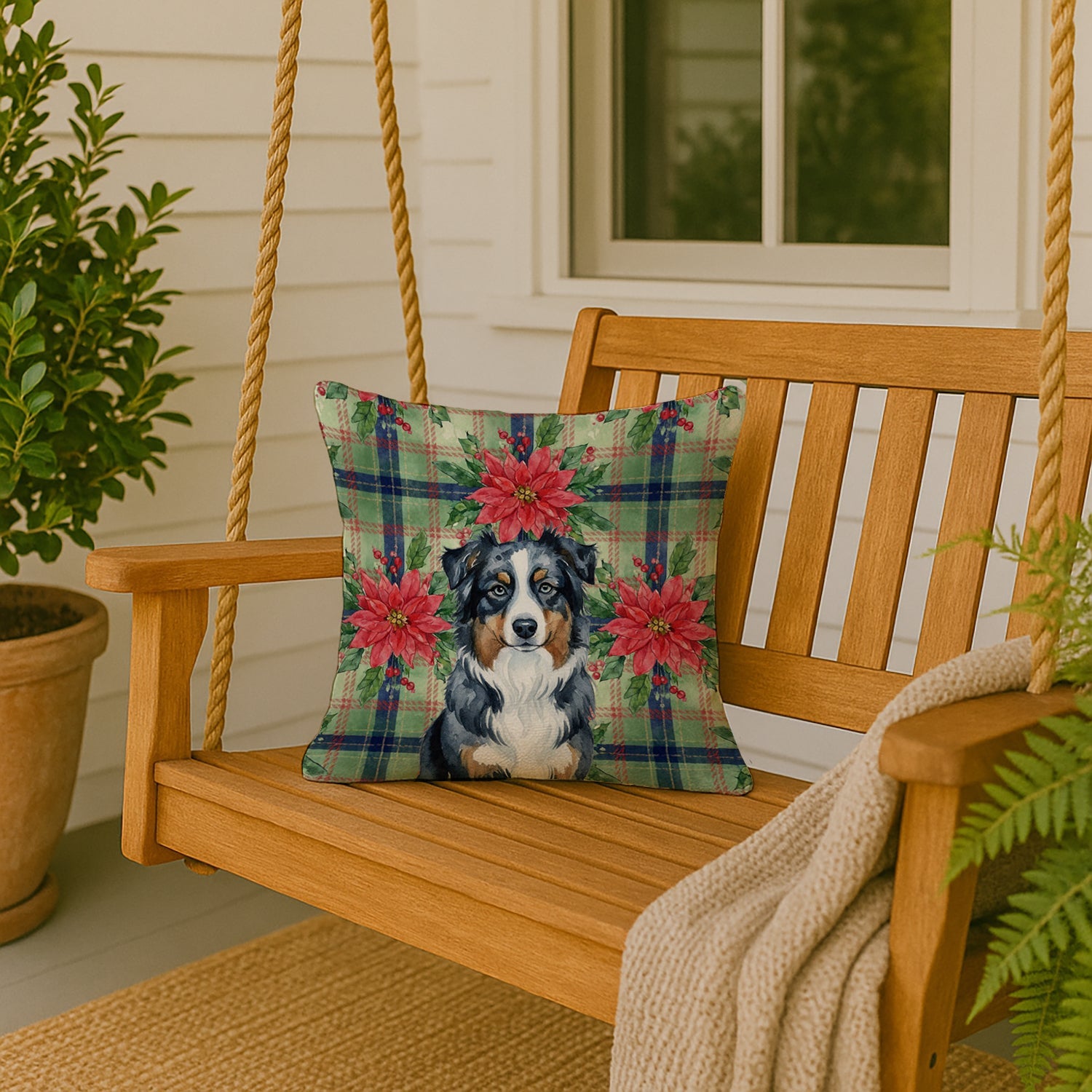 Black Australian Shepherd Christmas PoinsettIas Decorative Throw Pillow 18x18 Indoor Outdoor Accent Cushion, Fabric Cover with Insert for Sofa, Bed, Porch & Living Room