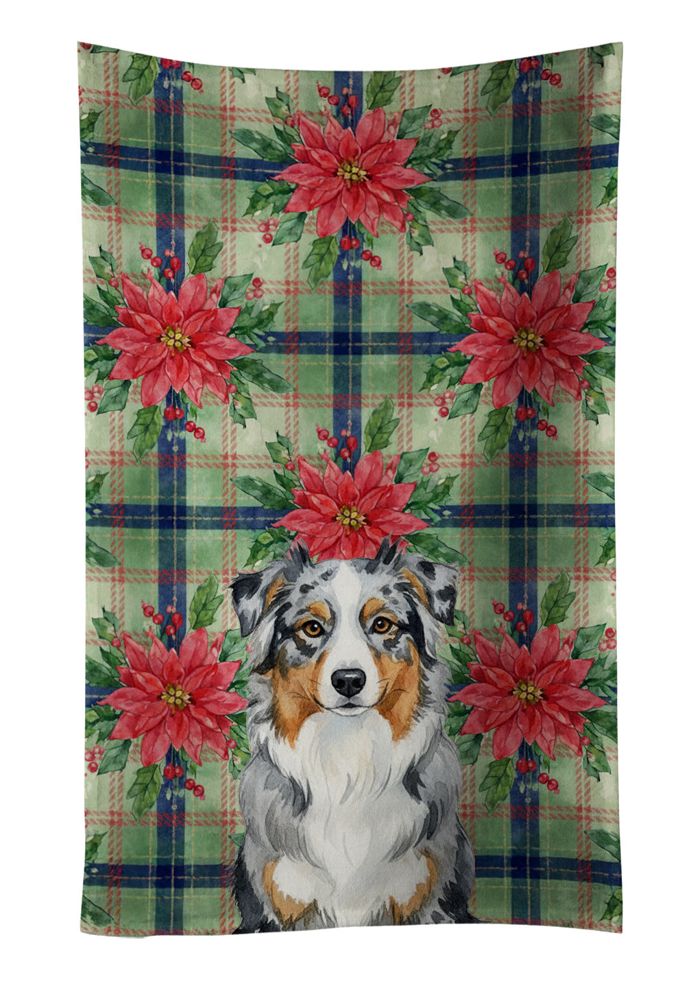 Blue Merle Australian Shepherd Christmas PoinsettIas Kitchen Towel Velour Plush Front and Cotton Loop Back Machine Washable