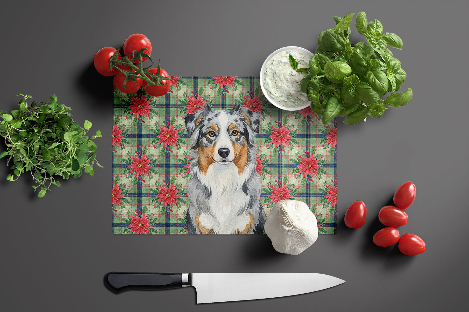 Blue Merle Australian Shepherd Christmas PoinsettIas Cutting Board Tempered Glass Kitchen Cutting Surface, Heat Resistant Chopping, Non-Slip Feet, Food Prep & Serving