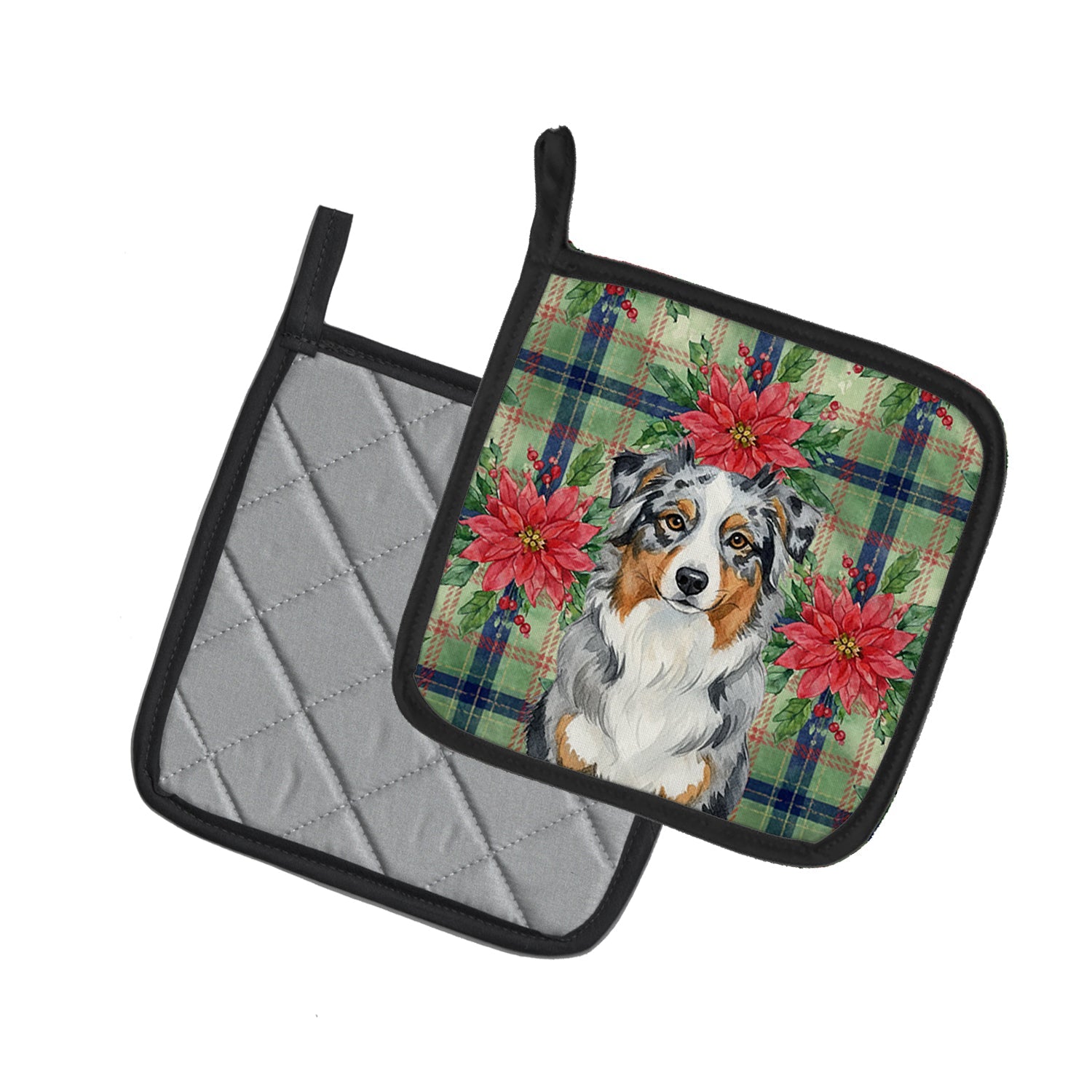 Blue Merle Australian Shepherd Christmas PoinsettIas Pot Holder Set of 2 Heat Resistant Quilted Hot Pads 7.5 x 7.5 Inch, Insulated Kitchen Trivets for Cooking & Baking