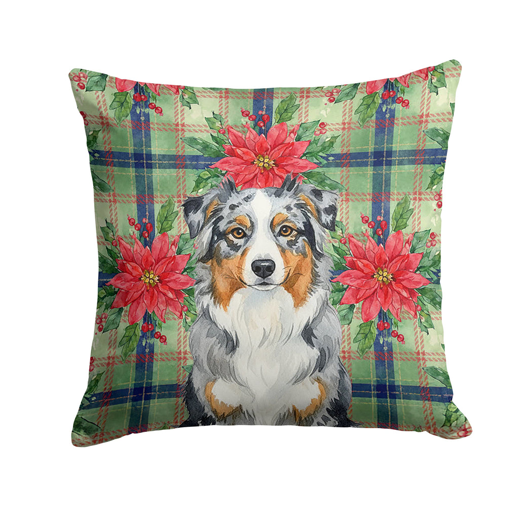 Blue Merle Australian Shepherd Christmas PoinsettIas Decorative Throw Pillow 18x18 Indoor Outdoor Accent Cushion, Fabric Cover with Insert for Sofa, Bed, Porch & Living Room