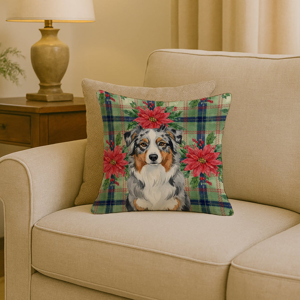 Blue Merle Australian Shepherd Christmas PoinsettIas Decorative Throw Pillow 18x18 Indoor Outdoor Accent Cushion, Fabric Cover with Insert for Sofa, Bed, Porch & Living Room