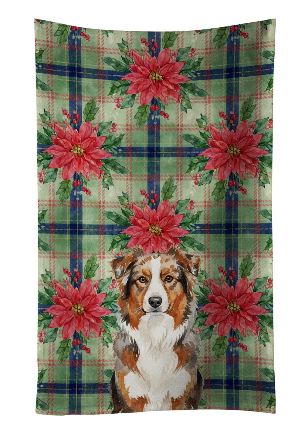 Red Merle Australian Shepherd Christmas PoinsettIas Kitchen Towel Velour Plush Front and Cotton Loop Back Machine Washable
