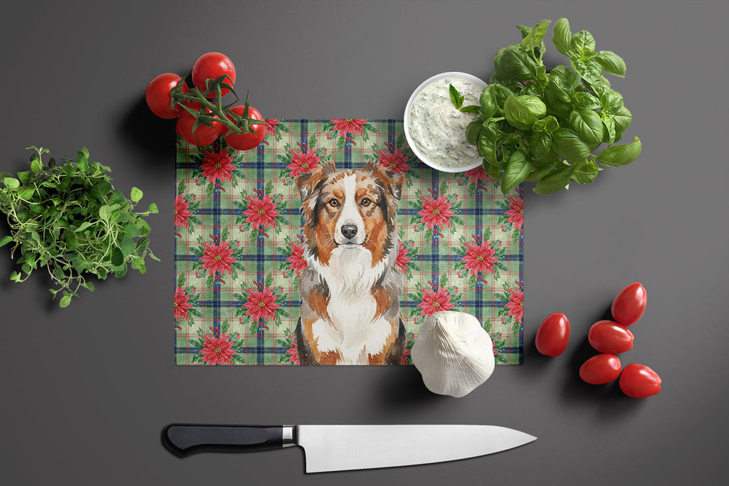 Red Merle Australian Shepherd Christmas PoinsettIas Cutting Board Tempered Glass Kitchen Cutting Surface, Heat Resistant Chopping, Non-Slip Feet, Food Prep & Serving