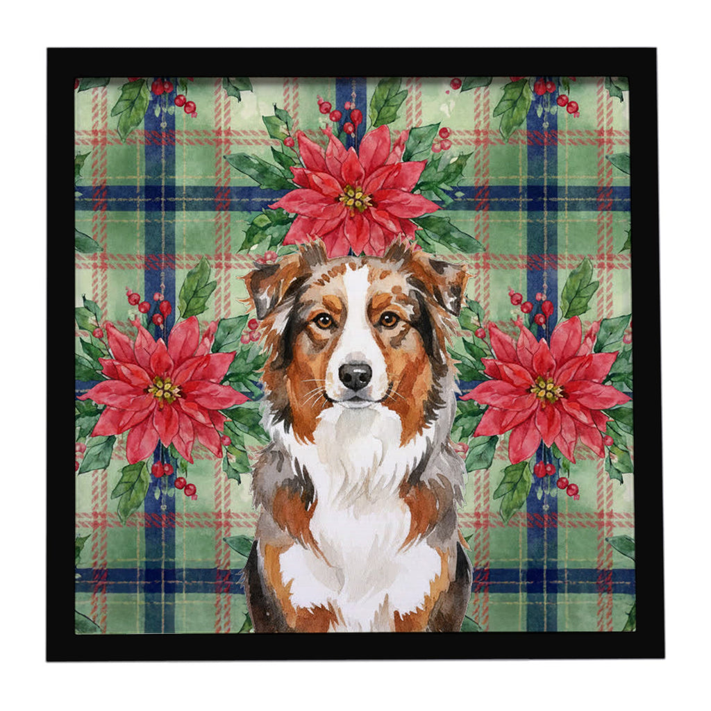 Red Merle Australian Shepherd Christmas PoinsettIas Framed Metal Print Bathroom, Kitchen, Office, Home Decor Wall Art Ready to Hang, Square, 8X8