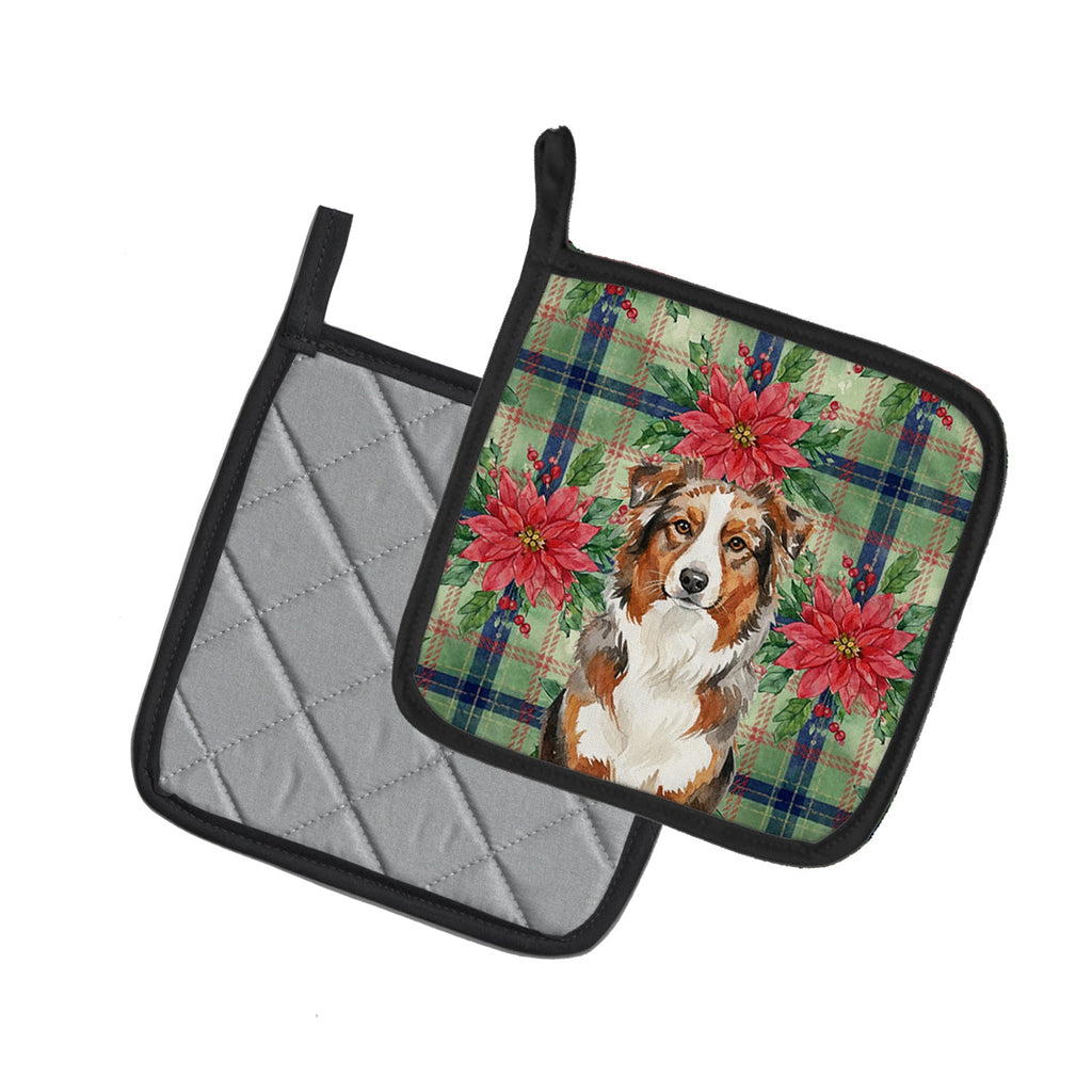 Red Merle Australian Shepherd Christmas PoinsettIas Pot Holder Set of 2 Heat Resistant Quilted Hot Pads 7.5 x 7.5 Inch, Insulated Kitchen Trivets for Cooking & Baking