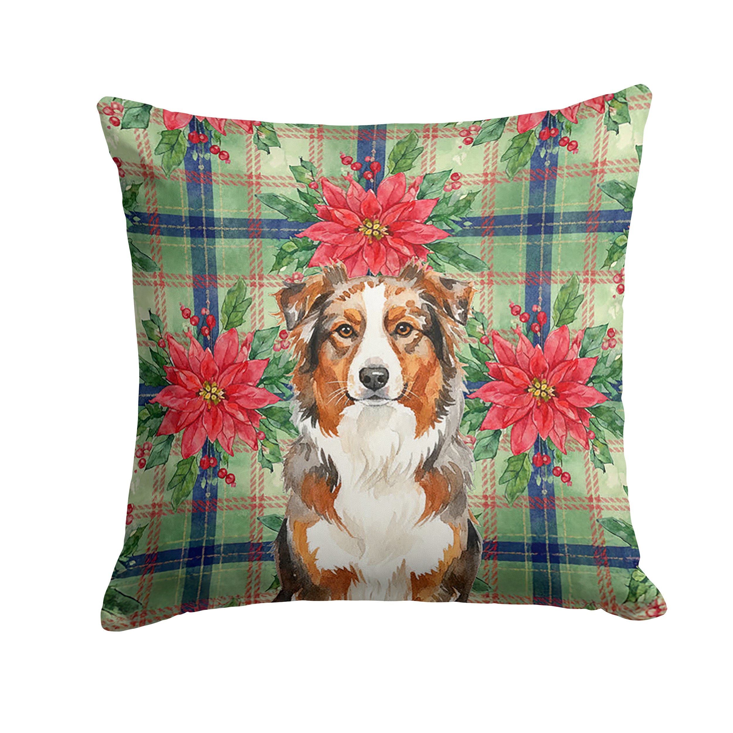 Red Merle Australian Shepherd Christmas PoinsettIas Decorative Throw Pillow 14x14 Indoor Outdoor Accent Cushion, Fabric Cover with Insert for Sofa, Bed, Porch & Living Room