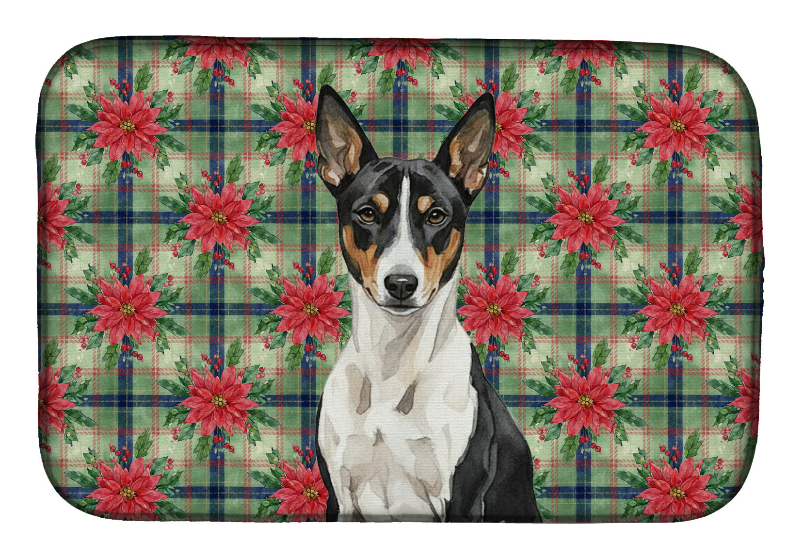 Black and White Basenji Christmas PoinsettIas Dish Drying Mat Absorbent Dish Drying Mat Pad for Kitchen Counter Dish Drainer Mat for Countertop, 14 x 21", Multicolor