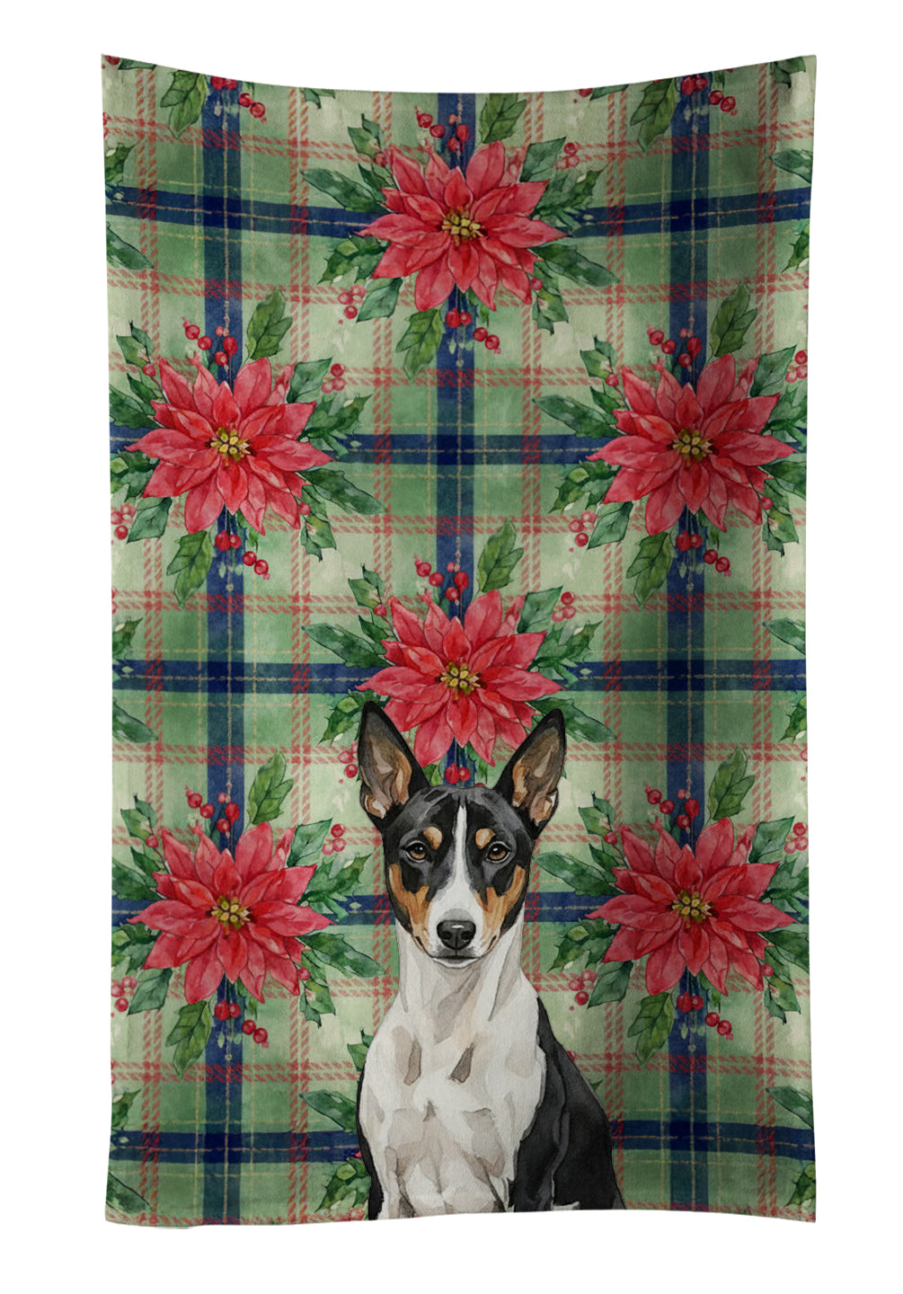 Black and White Basenji Christmas PoinsettIas Kitchen Towel Velour Plush Front and Cotton Loop Back Machine Washable