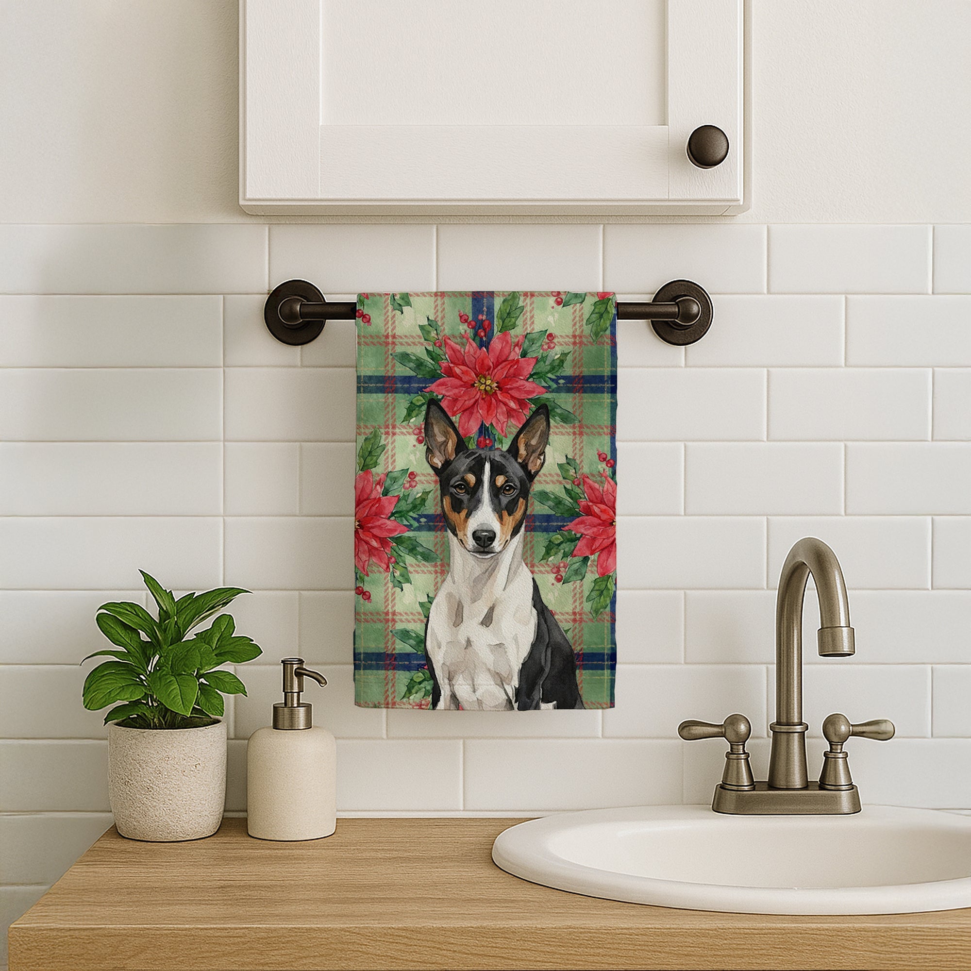 Black and White Basenji Christmas PoinsettIas Kitchen Towel Velour Plush Front and Cotton Loop Back Machine Washable