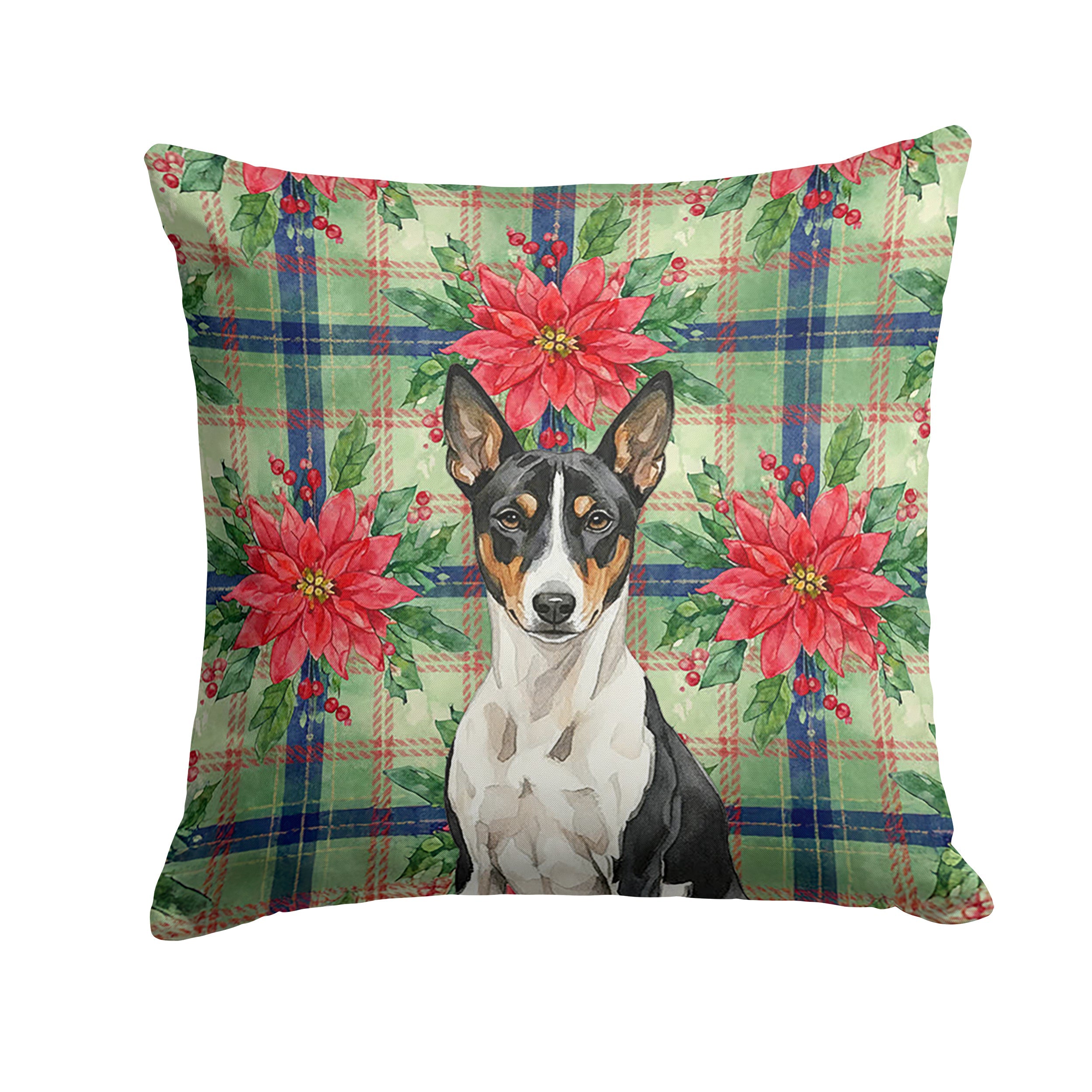 Black and White Basenji Christmas PoinsettIas Decorative Throw Pillow 18x18 Indoor Outdoor Accent Cushion, Fabric Cover with Insert for Sofa, Bed, Porch & Living Room