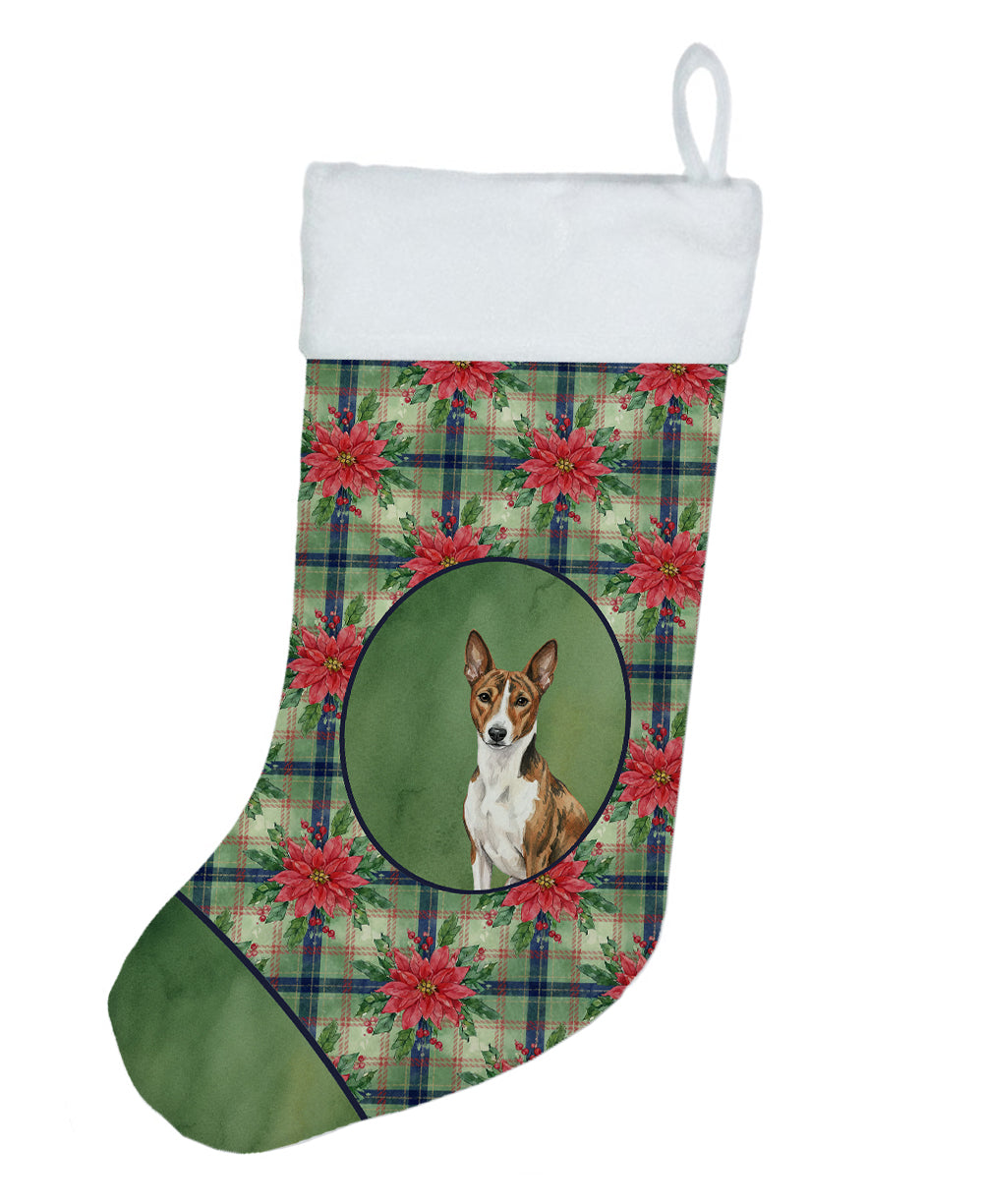 Brindle and White Basenji Christmas PoinsettIas Holiday Stocking Double-Sided Print, Polyester Suede,11x18, Made in USA