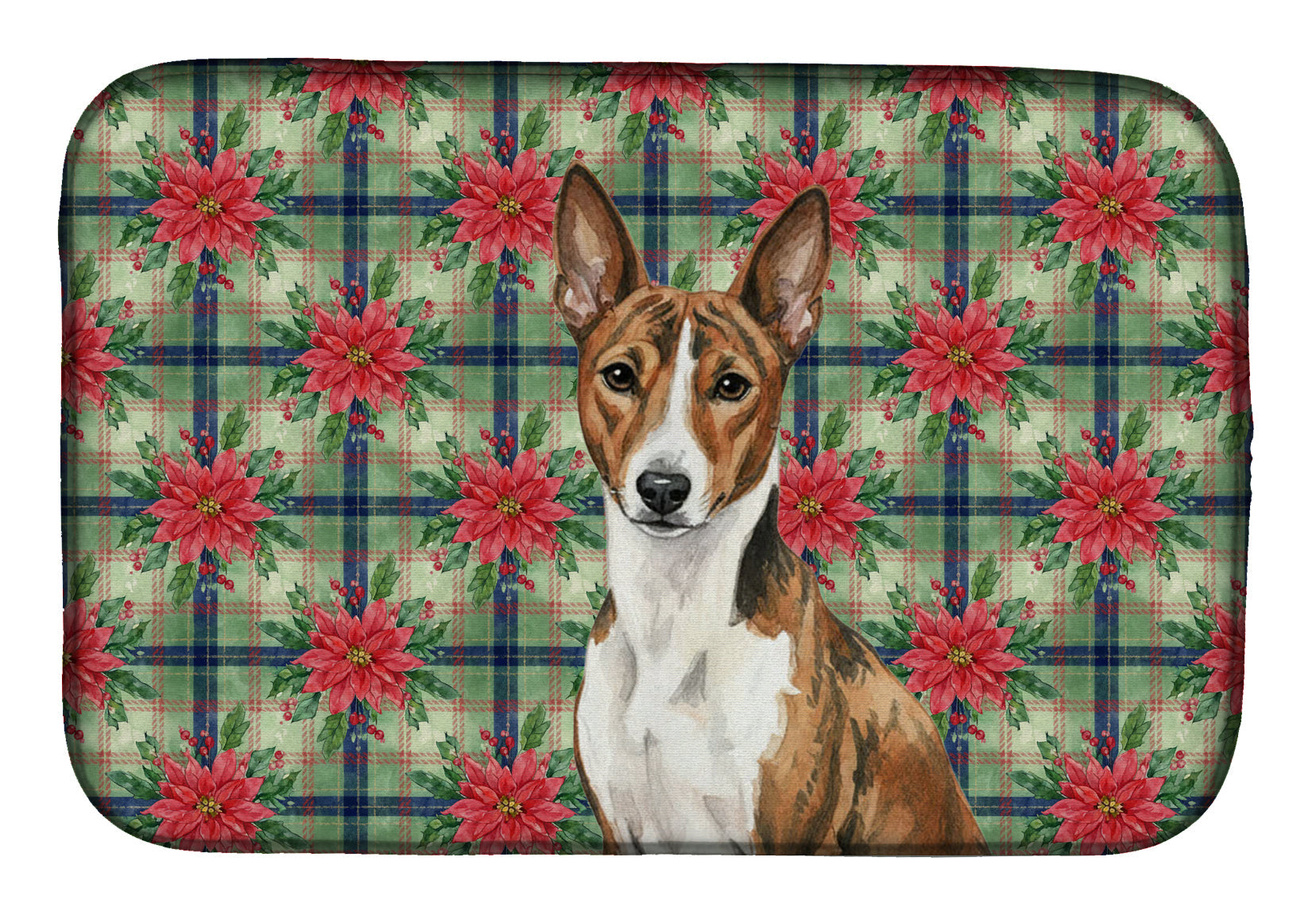 Brindle and White Basenji Christmas PoinsettIas Dish Drying Mat Absorbent Dish Drying Mat Pad for Kitchen Counter Dish Drainer Mat for Countertop, 14 x 21", Multicolor
