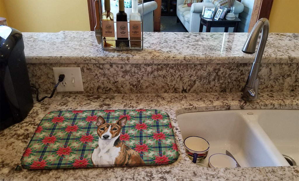 Brindle and White Basenji Christmas PoinsettIas Dish Drying Mat Absorbent Dish Drying Mat Pad for Kitchen Counter Dish Drainer Mat for Countertop, 14 x 21", Multicolor