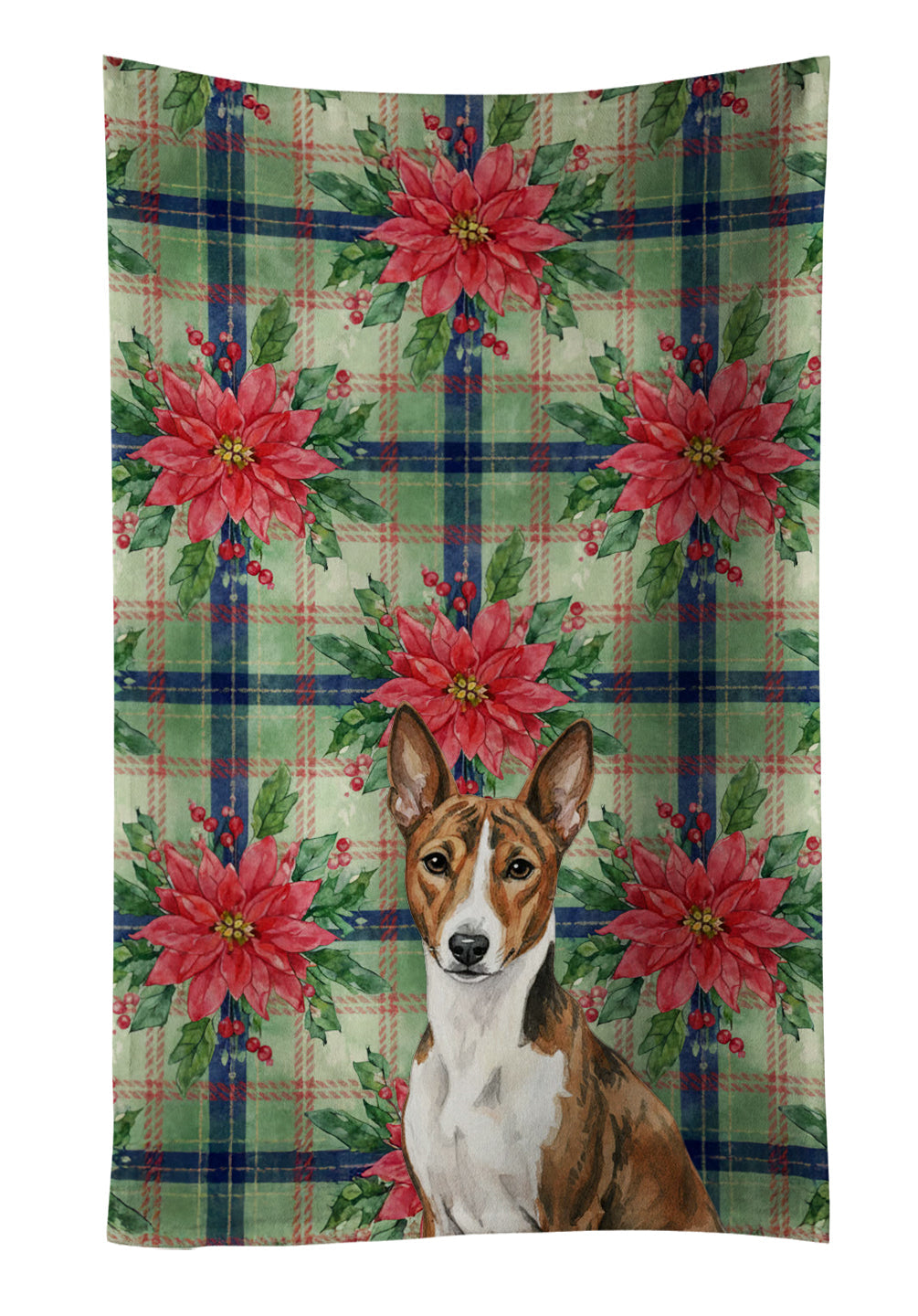 Brindle and White Basenji Christmas PoinsettIas Kitchen Towel Velour Plush Front and Cotton Loop Back Machine Washable
