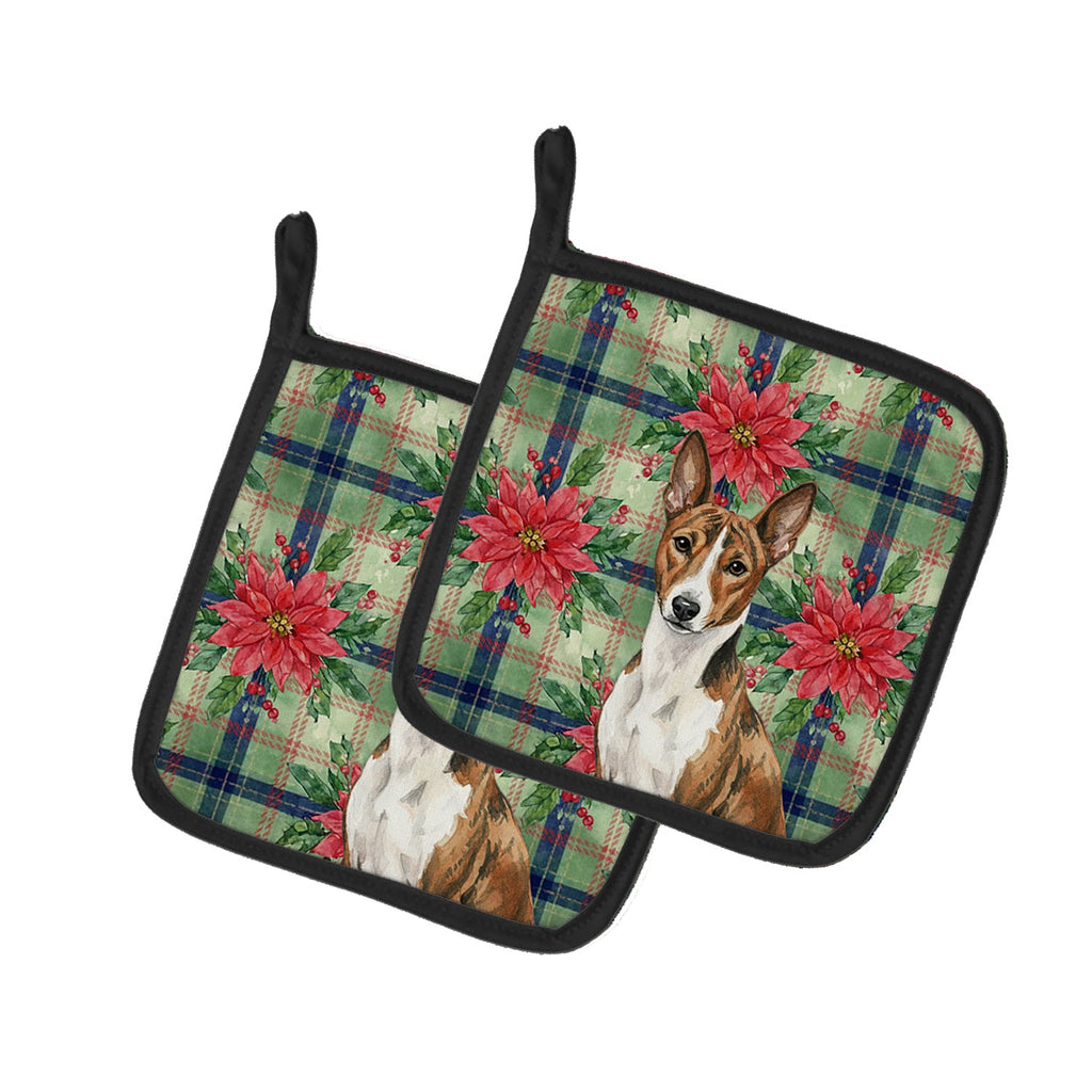 Brindle and White Basenji Christmas PoinsettIas Pot Holder Set of 2 Heat Resistant Quilted Hot Pads 7.5 x 7.5 Inch, Insulated Kitchen Trivets for Cooking & Baking