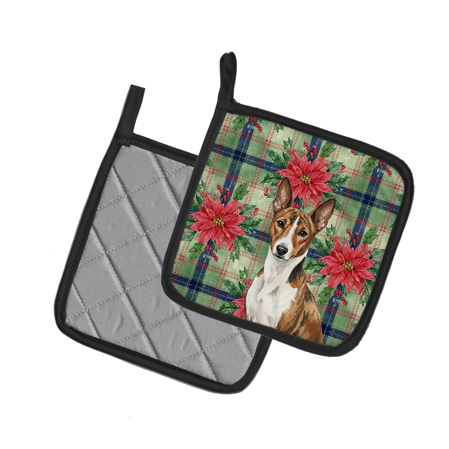 Brindle and White Basenji Christmas PoinsettIas Pot Holder Set of 2 Heat Resistant Quilted Hot Pads 7.5 x 7.5 Inch, Insulated Kitchen Trivets for Cooking & Baking