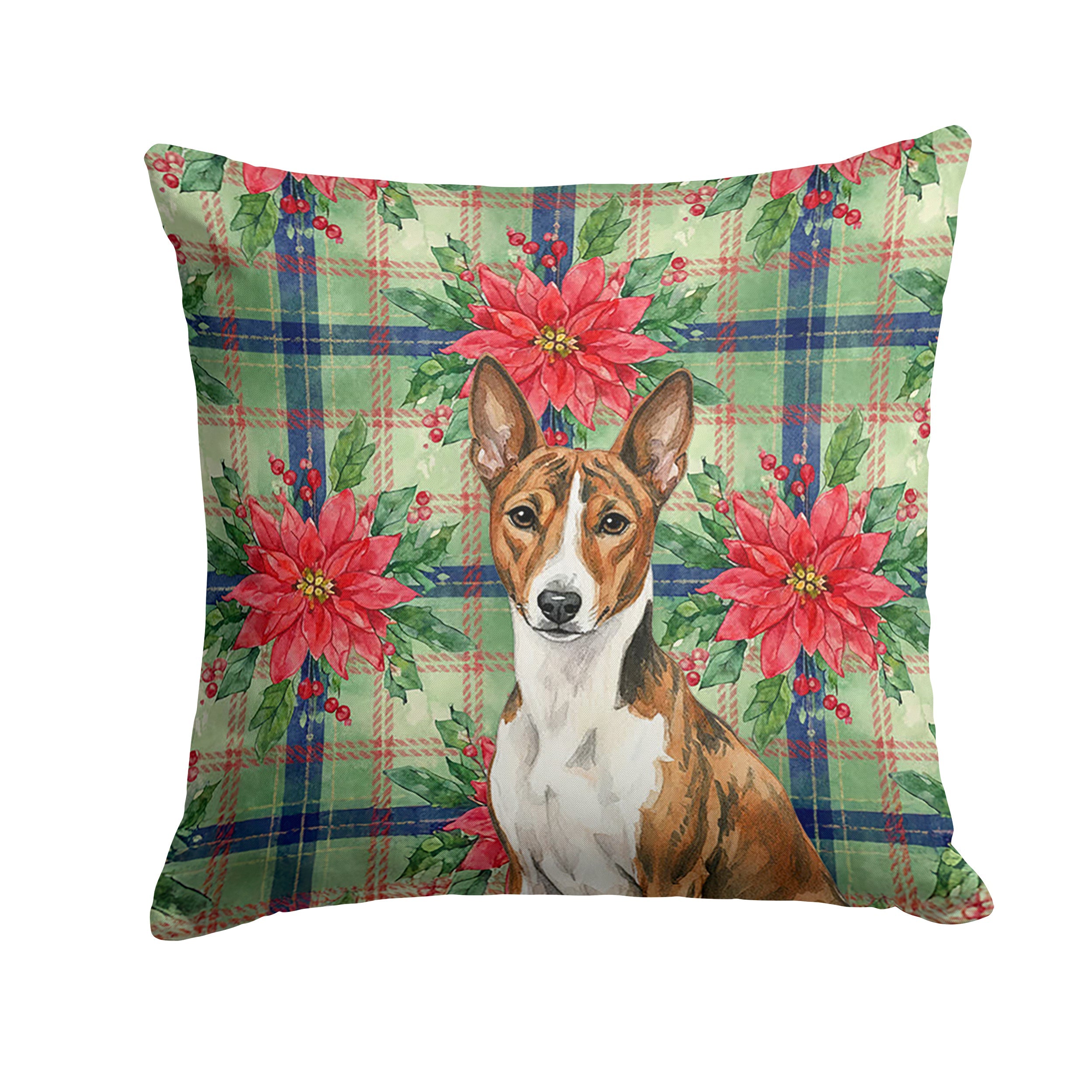 Brindle and White Basenji Christmas PoinsettIas Decorative Throw Pillow 18x18 Indoor Outdoor Accent Cushion, Fabric Cover with Insert for Sofa, Bed, Porch & Living Room