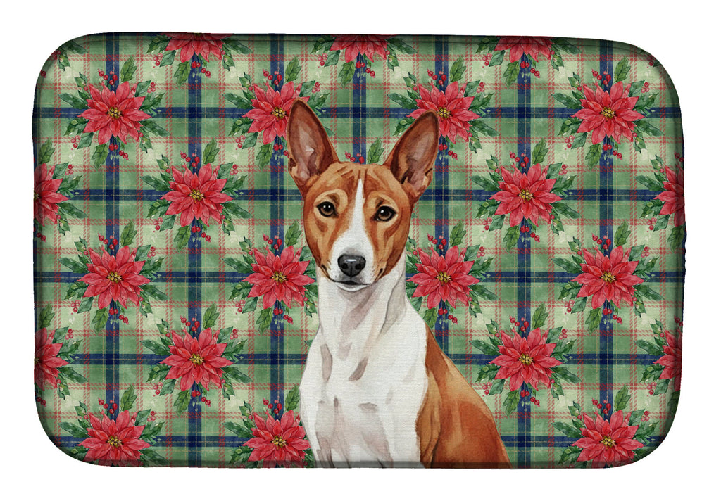 Red and White Basenji Christmas PoinsettIas Dish Drying Mat Absorbent Dish Drying Mat Pad for Kitchen Counter Dish Drainer Mat for Countertop, 14 x 21", Multicolor