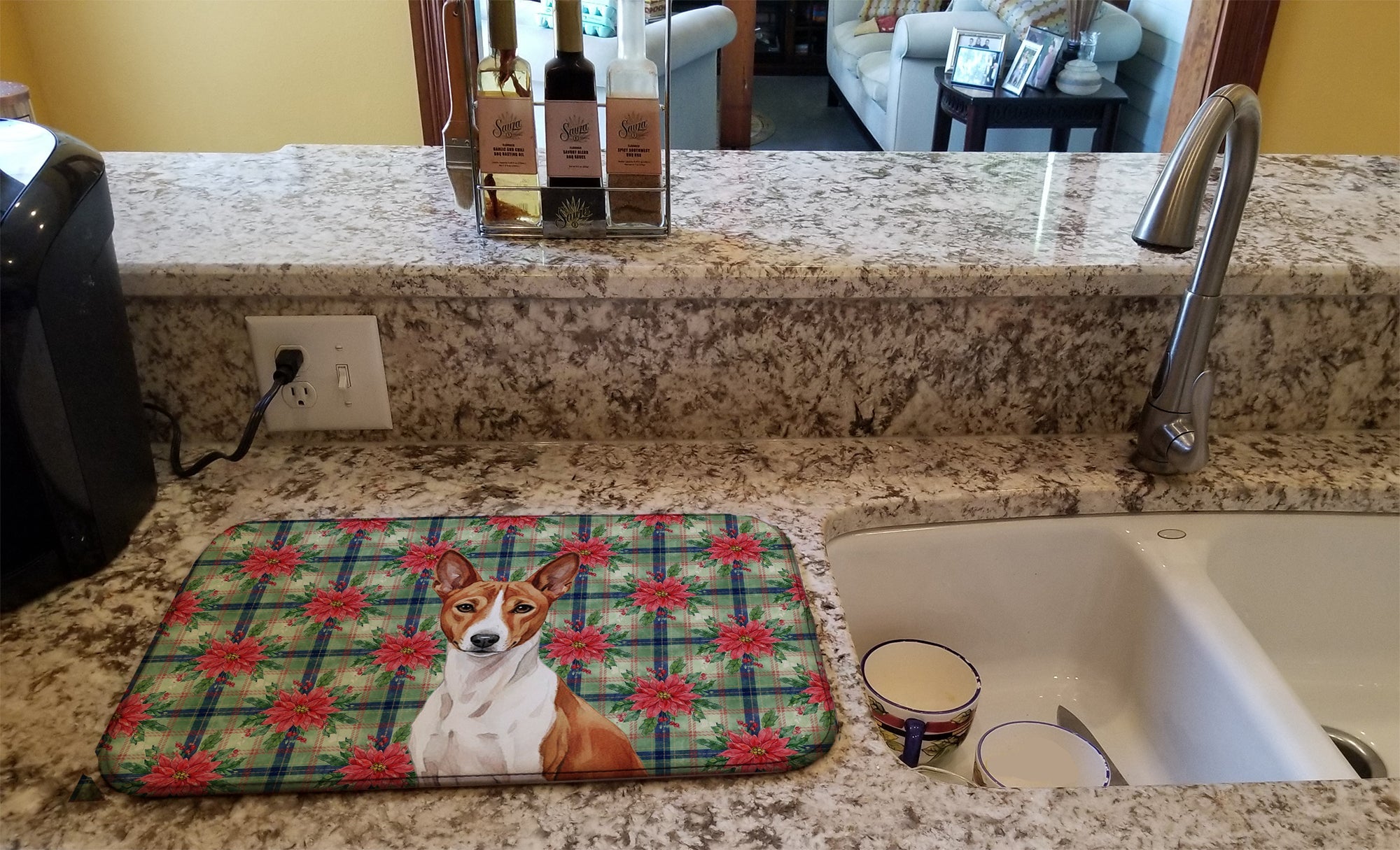 Red and White Basenji Christmas PoinsettIas Dish Drying Mat Absorbent Dish Drying Mat Pad for Kitchen Counter Dish Drainer Mat for Countertop, 14 x 21", Multicolor