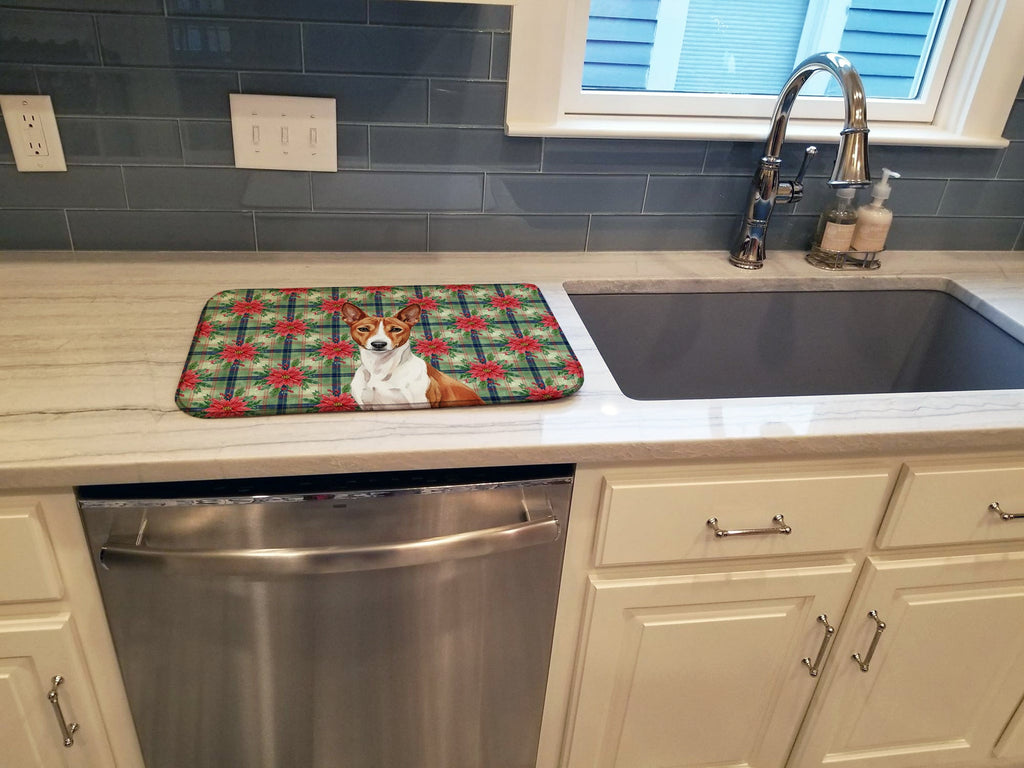 Red and White Basenji Christmas PoinsettIas Dish Drying Mat Absorbent Dish Drying Mat Pad for Kitchen Counter Dish Drainer Mat for Countertop, 14 x 21", Multicolor