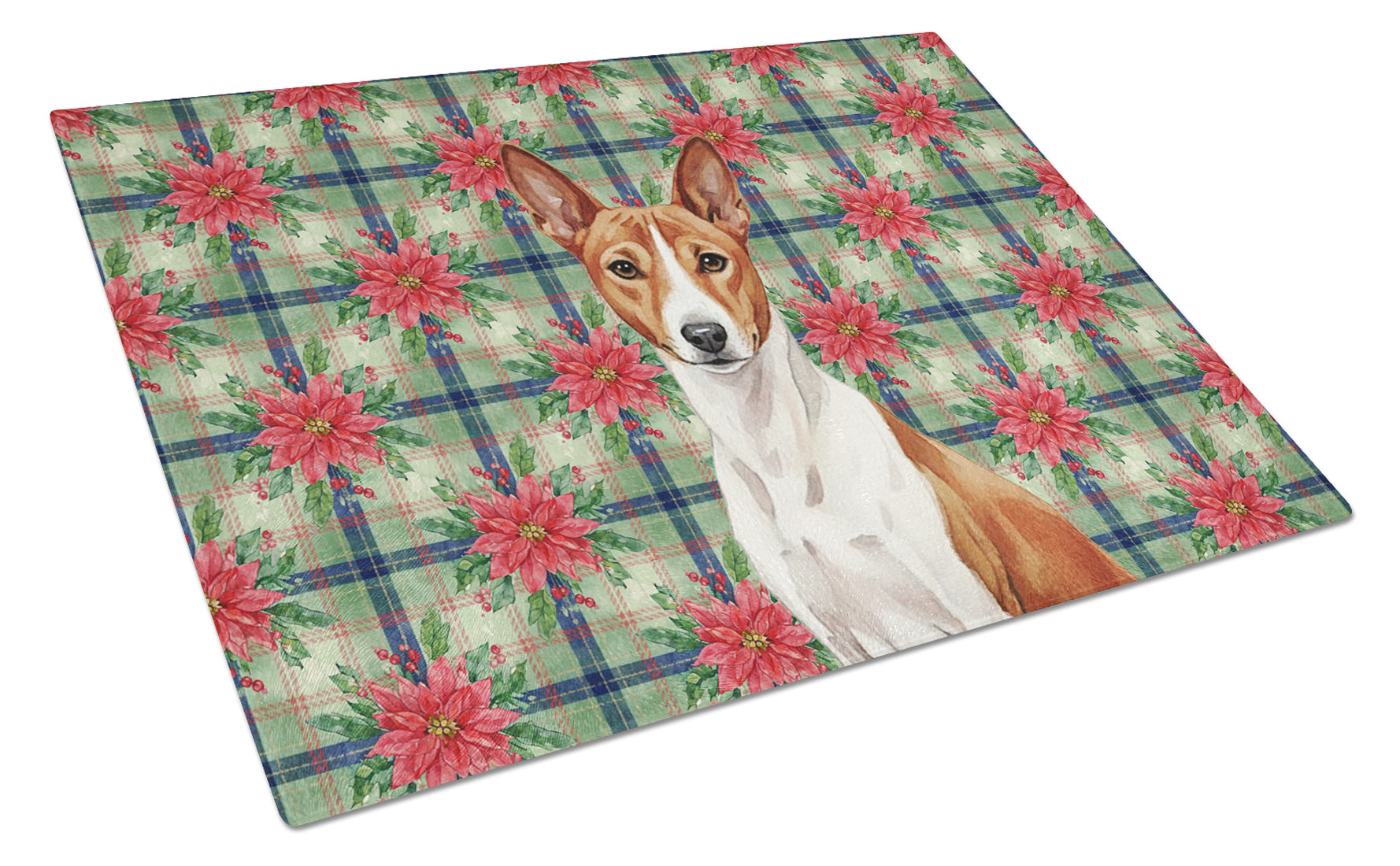 Red and White Basenji Christmas PoinsettIas Cutting Board Tempered Glass Kitchen Cutting Surface, Heat Resistant Chopping, Non-Slip Feet, Food Prep & Serving