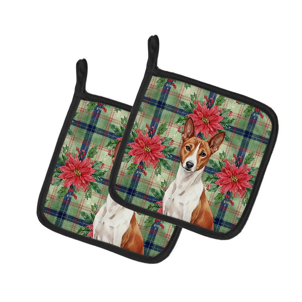 Red and White Basenji Christmas PoinsettIas Pot Holder Set of 2 Heat Resistant Quilted Hot Pads 7.5 x 7.5 Inch, Insulated Kitchen Trivets for Cooking & Baking