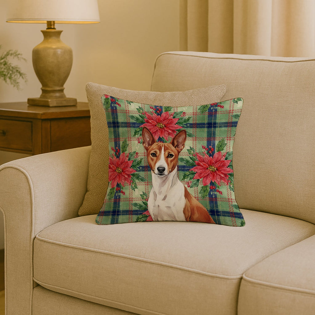 Red and White Basenji Christmas PoinsettIas Decorative Throw Pillow 18x18 Indoor Outdoor Accent Cushion, Fabric Cover with Insert for Sofa, Bed, Porch & Living Room