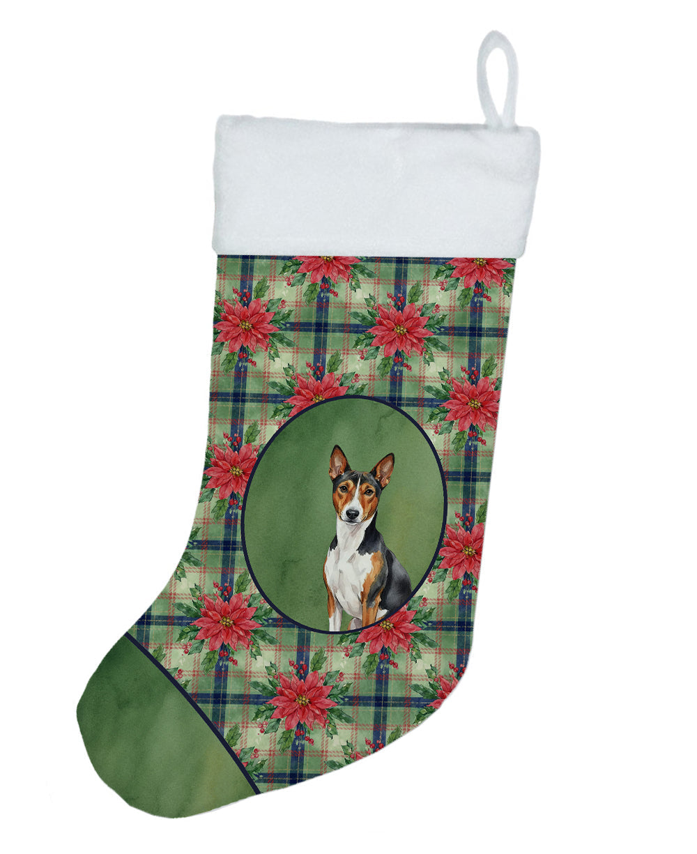 Tricolor and White Basenji Christmas PoinsettIas Holiday Stocking Double-Sided Print, Polyester Suede,11x18, Made in USA