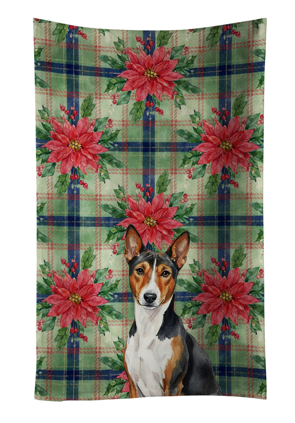 Tricolor and White Basenji Christmas PoinsettIas Kitchen Towel Velour Plush Front and Cotton Loop Back Machine Washable