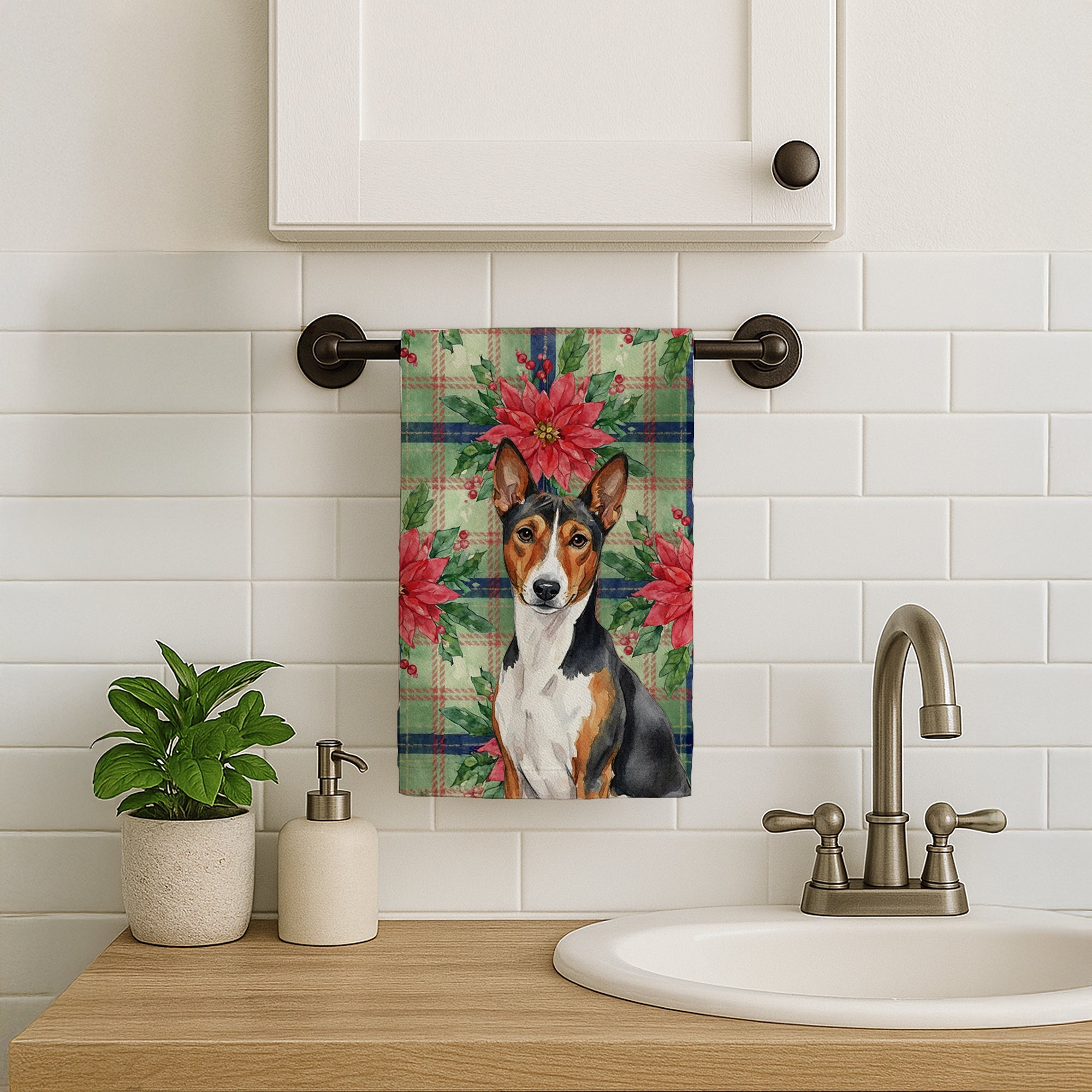 Tricolor and White Basenji Christmas PoinsettIas Kitchen Towel Velour Plush Front and Cotton Loop Back Machine Washable