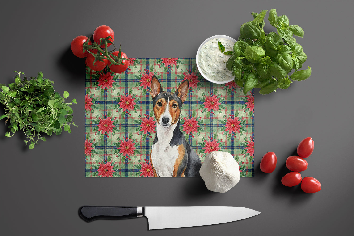Tricolor and White Basenji Christmas PoinsettIas Cutting Board Tempered Glass Kitchen Cutting Surface, Heat Resistant Chopping, Non-Slip Feet, Food Prep & Serving