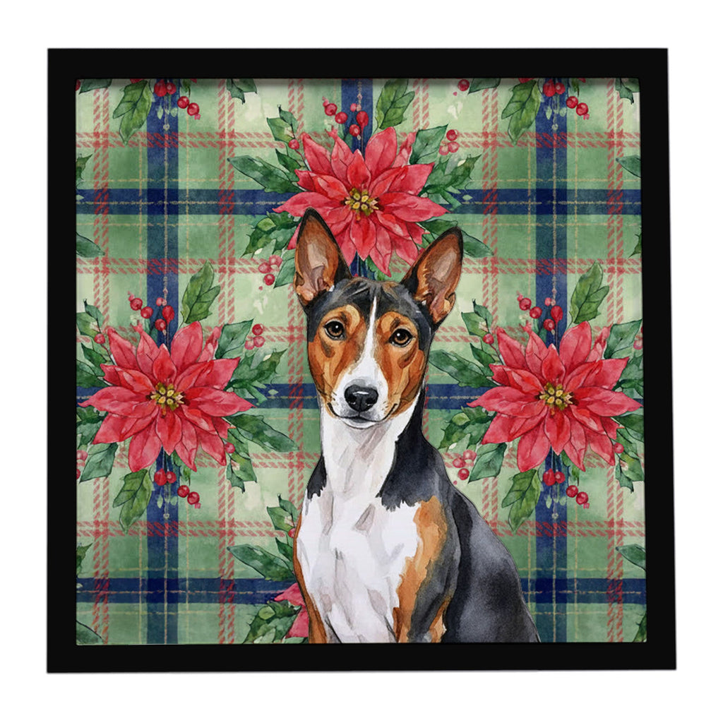 Tricolor and White Basenji Christmas PoinsettIas Framed Metal Print Bathroom, Kitchen, Office, Home Decor Wall Art Ready to Hang, Square, 8X8