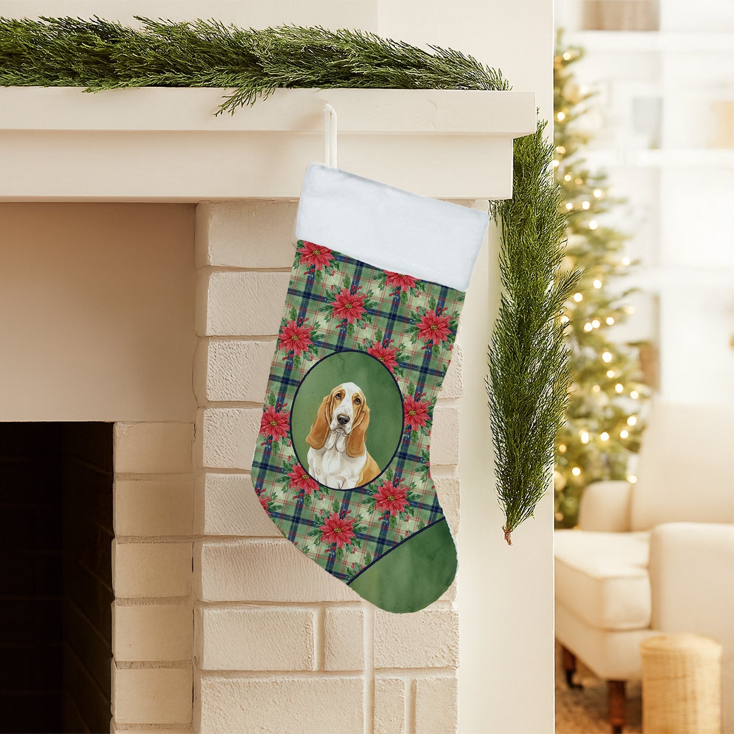 Lemon and White Basset Hound Christmas PoinsettIas Holiday Stocking Double-Sided Print, Polyester Suede,11x18, Made in USA