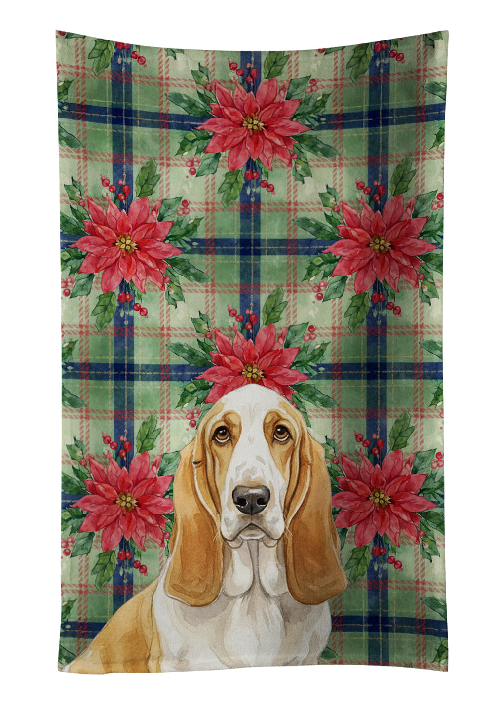Lemon and White Basset Hound Christmas PoinsettIas Kitchen Towel Velour Plush Front and Cotton Loop Back Machine Washable