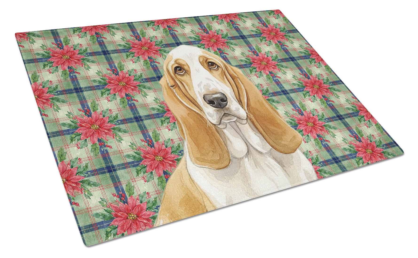Lemon and White Basset Hound Christmas PoinsettIas Cutting Board Tempered Glass Kitchen Cutting Surface, Heat Resistant Chopping, Non-Slip Feet, Food Prep & Serving