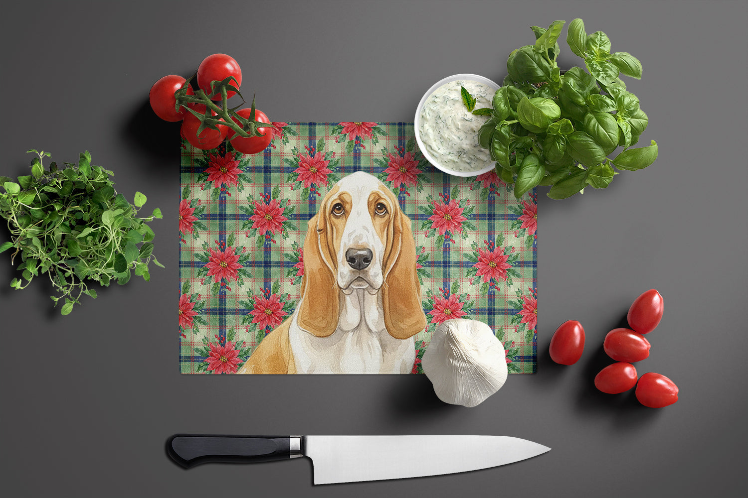 Lemon and White Basset Hound Christmas PoinsettIas Cutting Board Tempered Glass Kitchen Cutting Surface, Heat Resistant Chopping, Non-Slip Feet, Food Prep & Serving