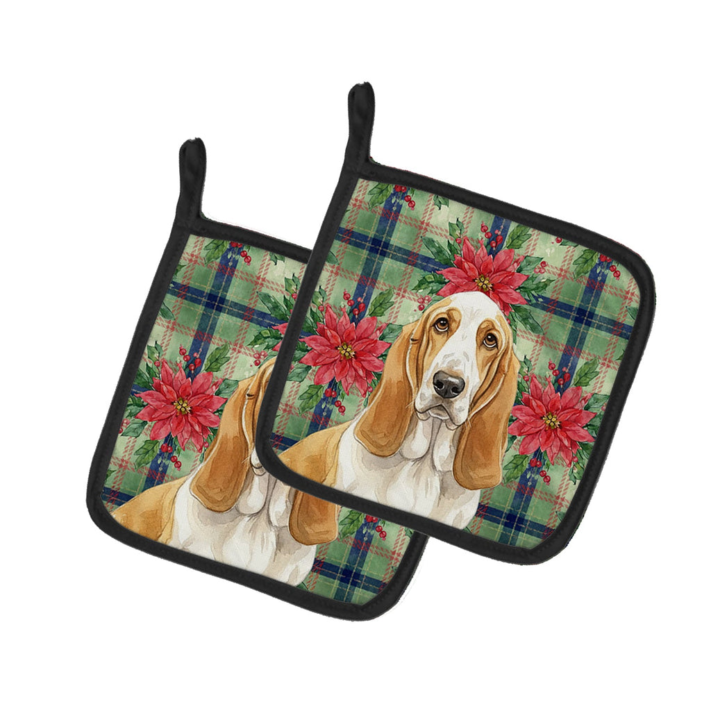 Lemon and White Basset Hound Christmas PoinsettIas Pot Holder Set of 2 Heat Resistant Quilted Hot Pads 7.5 x 7.5 Inch, Insulated Kitchen Trivets for Cooking & Baking
