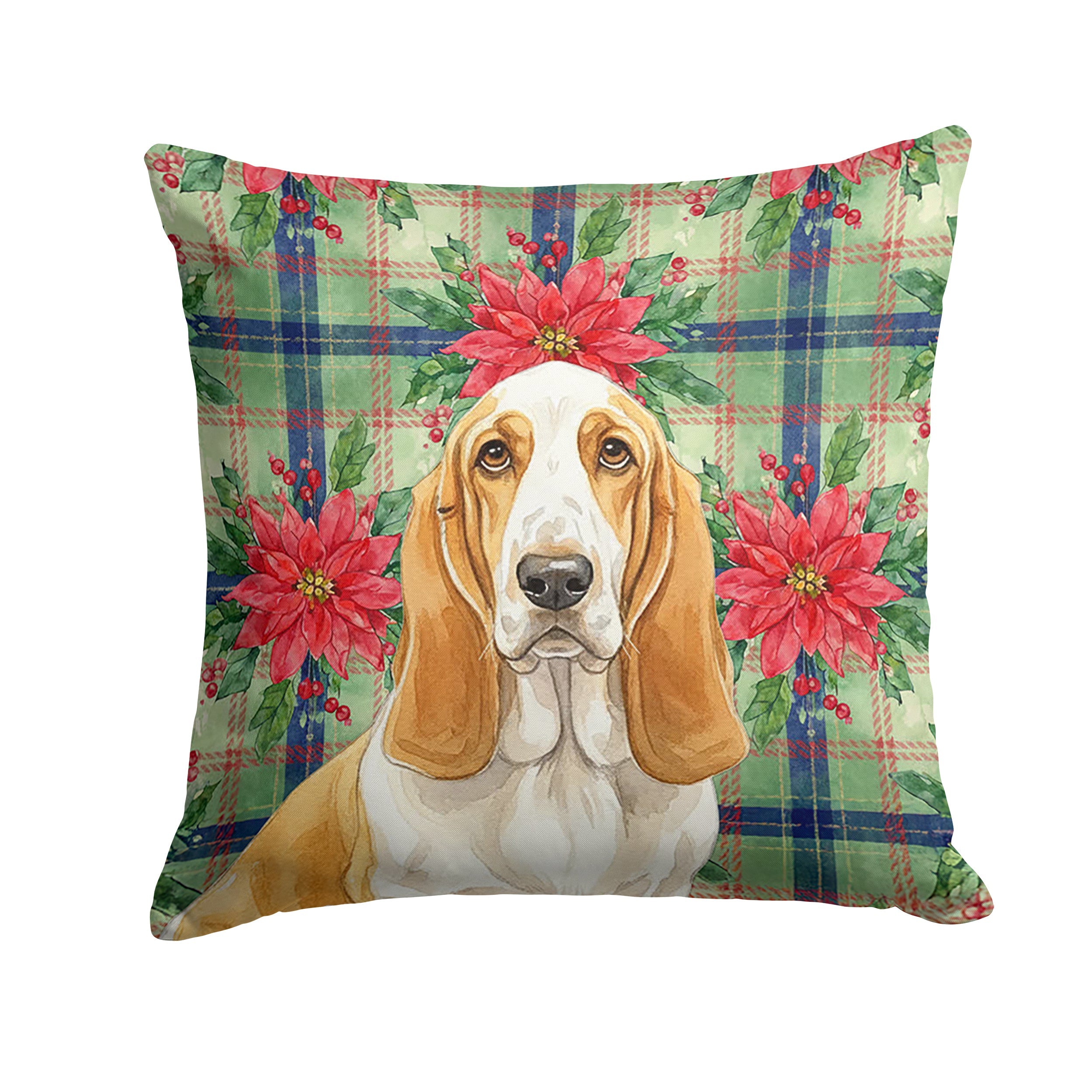 Lemon and White Basset Hound Christmas PoinsettIas Decorative Throw Pillow 14x14 Indoor Outdoor Accent Cushion, Fabric Cover with Insert for Sofa, Bed, Porch & Living Room