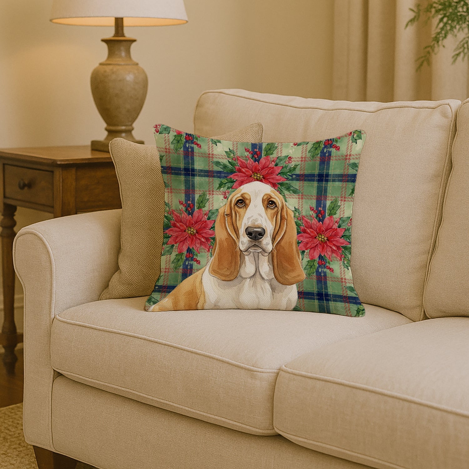 Lemon and White Basset Hound Christmas PoinsettIas Decorative Throw Pillow 14x14 Indoor Outdoor Accent Cushion, Fabric Cover with Insert for Sofa, Bed, Porch & Living Room