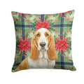 Lemon and White Basset Hound Christmas PoinsettIas Decorative Throw Pillow 18x18 Indoor Outdoor Accent Cushion, Fabric Cover with Insert for Sofa, Bed, Porch & Living Room