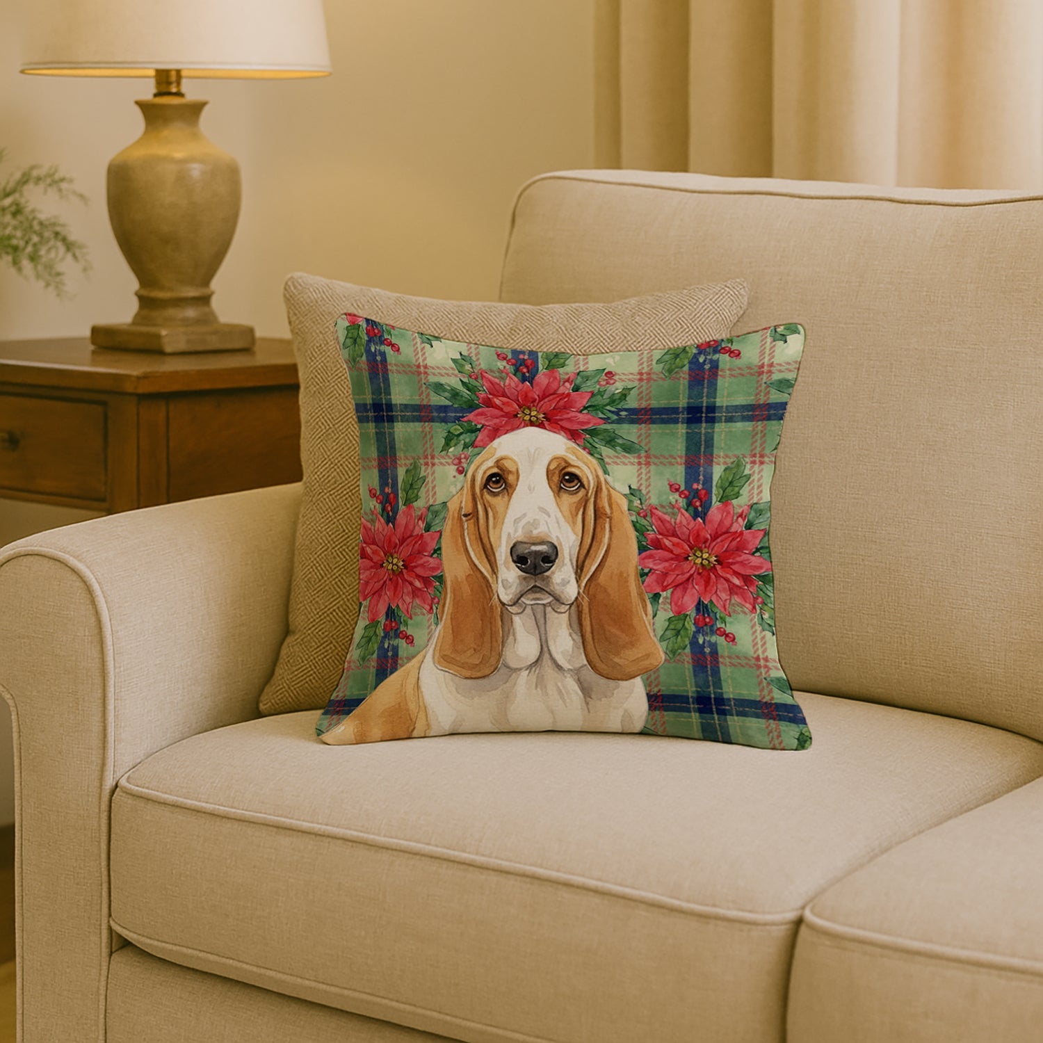 Lemon and White Basset Hound Christmas PoinsettIas Decorative Throw Pillow 18x18 Indoor Outdoor Accent Cushion, Fabric Cover with Insert for Sofa, Bed, Porch & Living Room