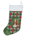 Red and White Basset Hound Christmas PoinsettIas Holiday Stocking Double-Sided Print, Polyester Suede,11x18, Made in USA